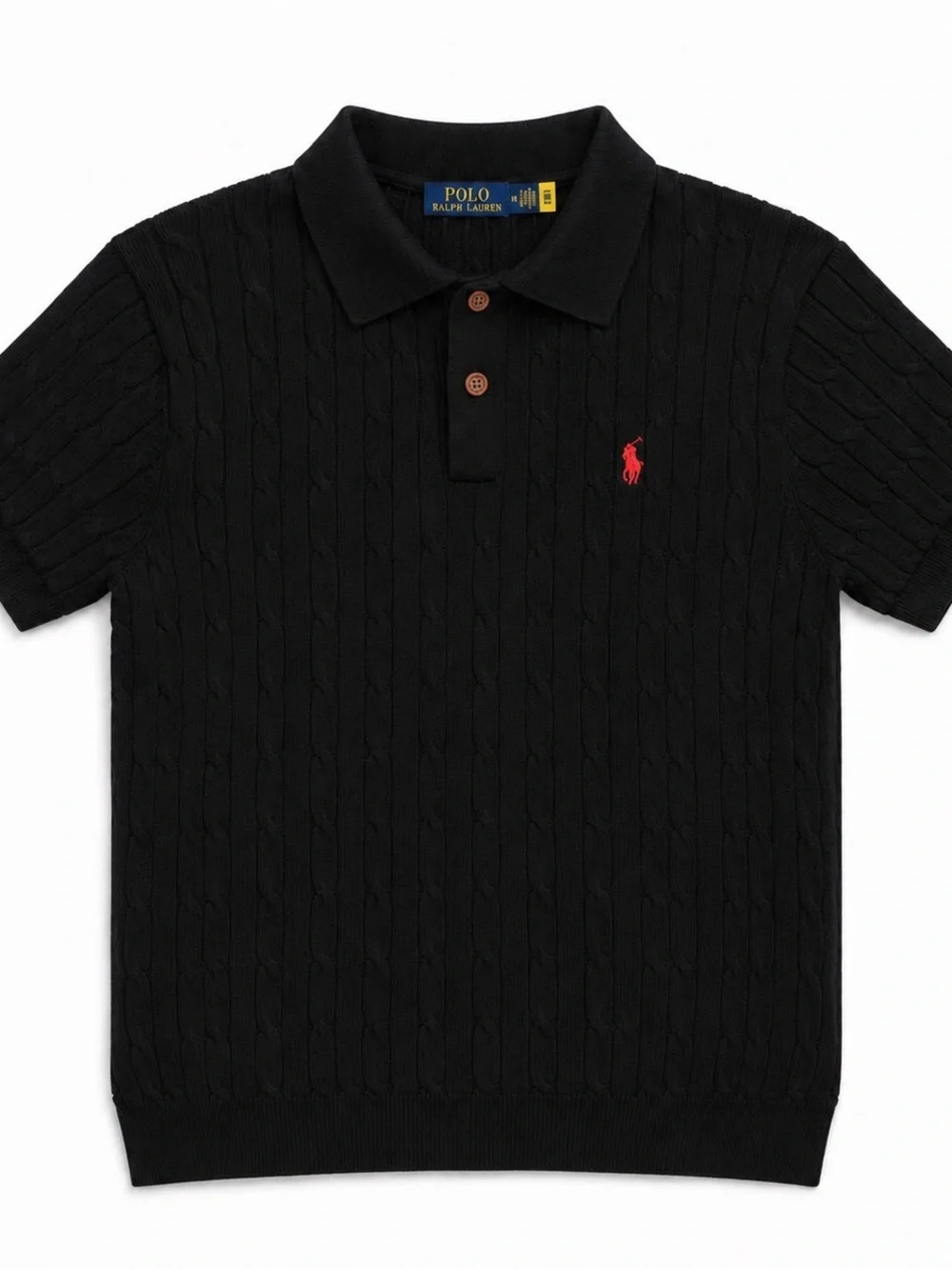 Ralph Lauren Black Cable Knit Polo with Red Pony